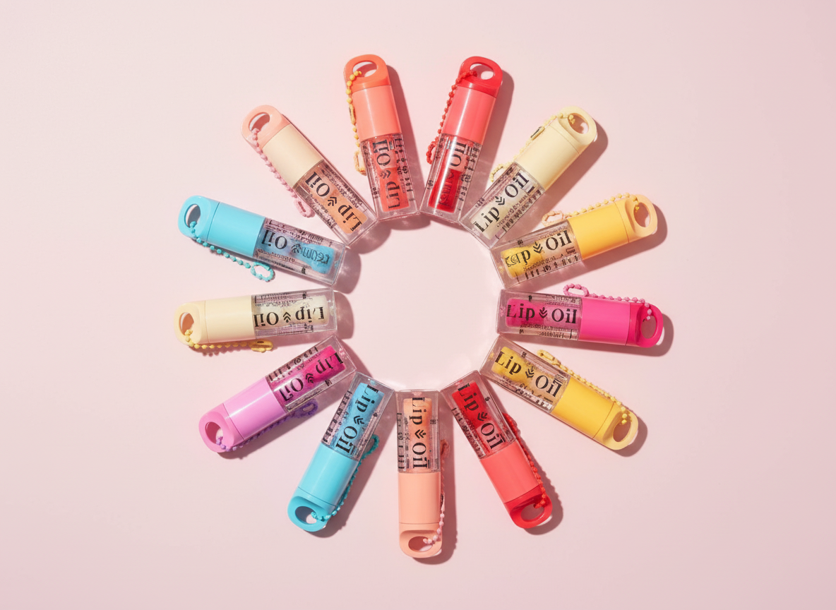 Bright Kevin and Coco lip oils in exact sunburst pattern
