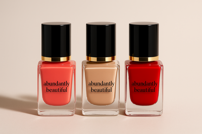 Three Abundantly Beautiful Nail Polish Bottles with Black Lettering